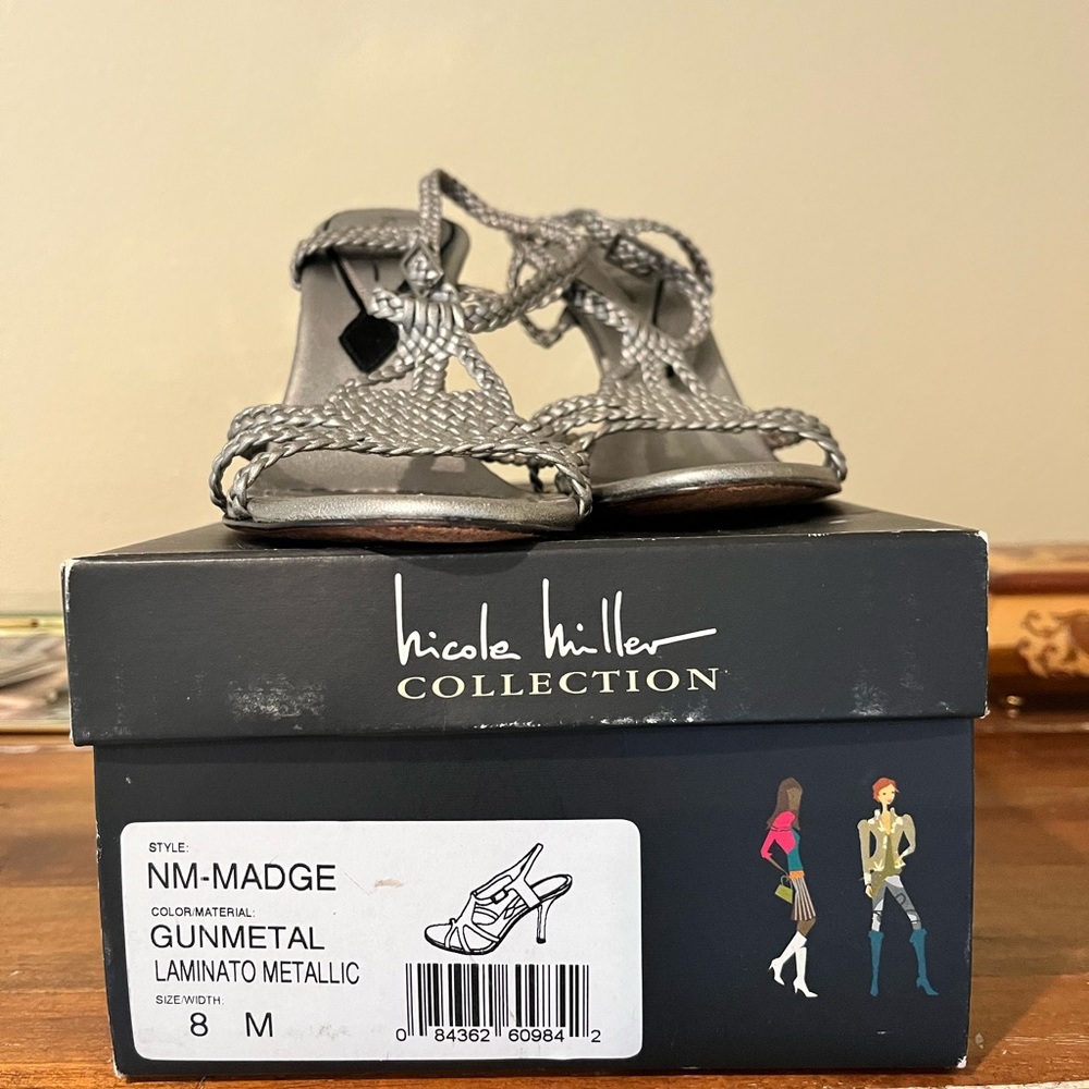 Nicole Miller Gunmetal Laminato Metallic Sandals